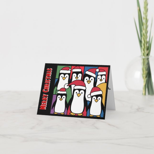 Funny Penguins in Santa Hats Christmas Abstract Card (Front)