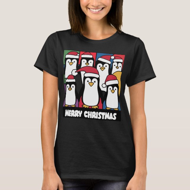 Funny Penguins in Santa Hats Christmas T-Shirt (Front)