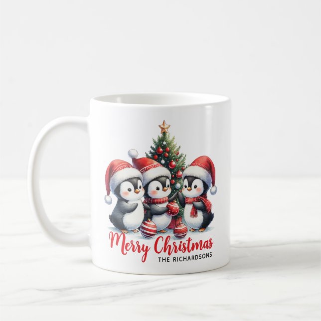 Funny Penguins White and Red Merry Christmas Coffee Mug (Left)