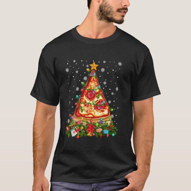 Funny Pepperoni Pizza Christmas Tree Lights Xmas P T-Shirt (Front)