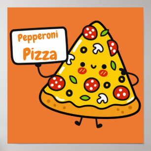 Funny pepperoni pizza orange colourful cute kids poster