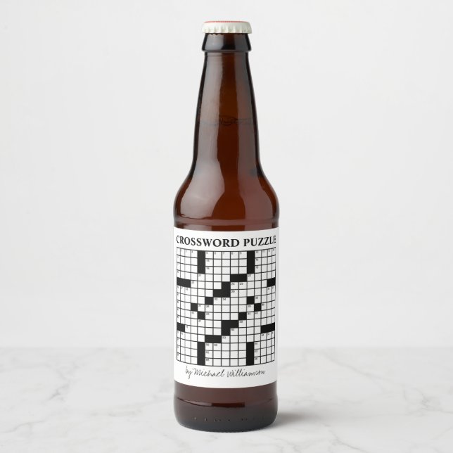 Funny Personalised Black White Crossword Puzzle Beer Bottle Label (Front)