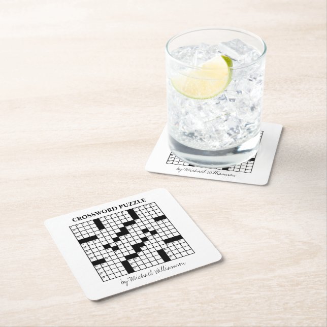 Funny Personalised Black White Crossword Puzzle Square Paper Coaster (Insitu)