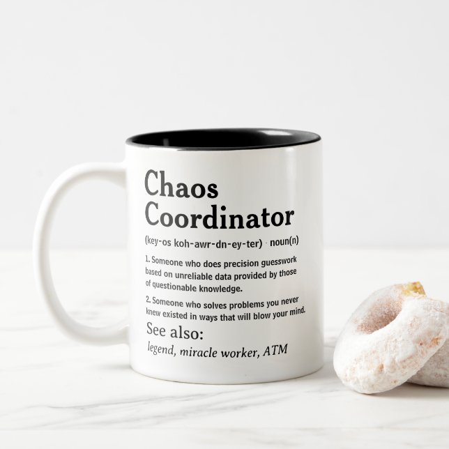 Funny Personalised Chaos Coordinator Definition Two-Tone Coffee Mug (With Donut)