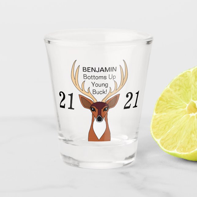 Funny Personalised Deer Buck 21 Birthday Shot Glass (Front)