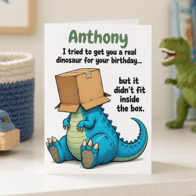 Funny Personalised Dinosaur in Box Birthday Card (Creator Uploaded)