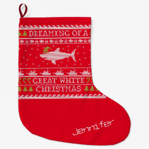 Funny Personalised Dreaming of Great White Shark Large Christmas Stocking