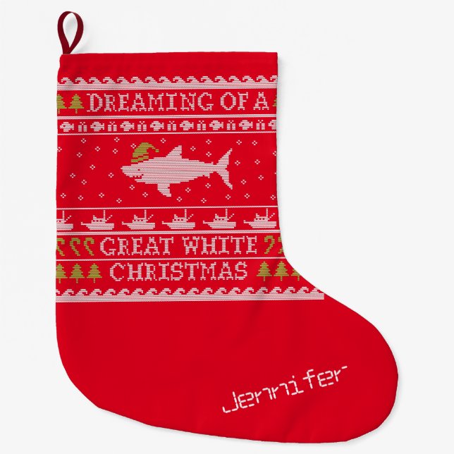 Funny Personalised Dreaming of Great White Shark Large Christmas Stocking (Front)