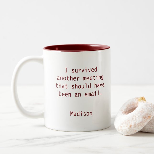 Funny Personalised I Survived Office Meeting Two-Tone Coffee Mug (With Donut)