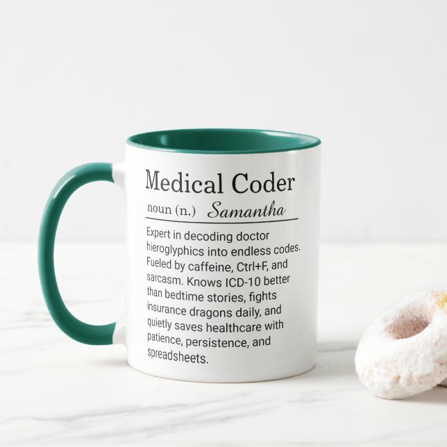 Funny Personalised Medical Coder Definition  Mug (With Donut)