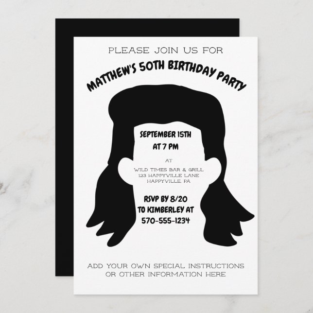 Funny Personalised Mullet Hairstyle Birthday Party Invitation (Front/Back)