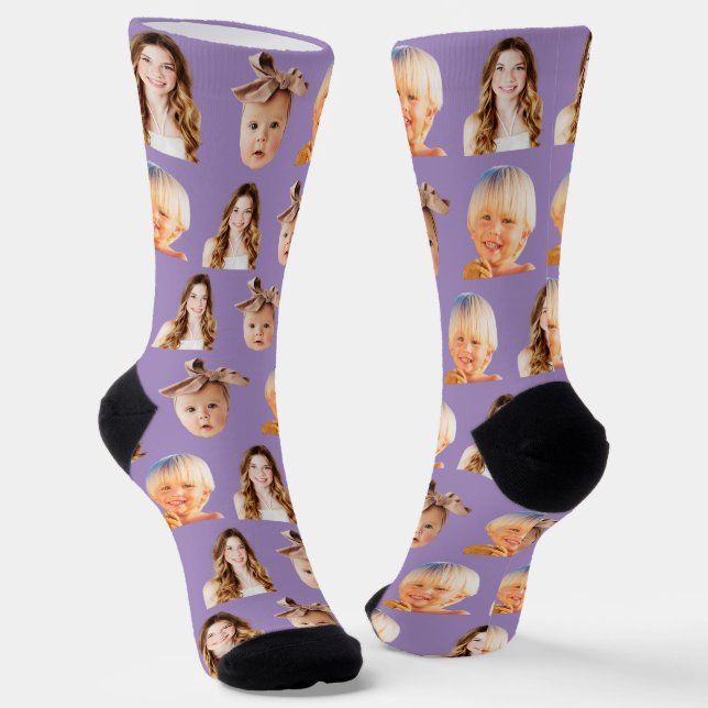 Funny Personalised Mum of 3 Kids Photo Purple Socks (Angled)