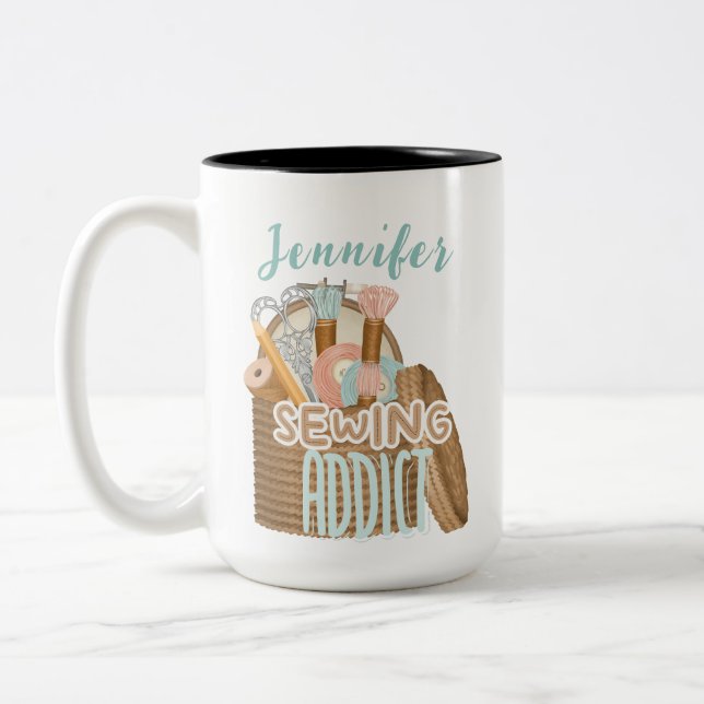 Funny Personalised Name Seamstress Sewing Addict Two-Tone Coffee Mug (Left)
