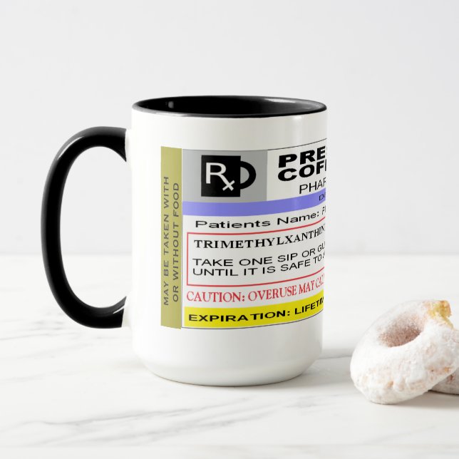 Funny Personalised Rx LABEL - Prescription Coffee Mug (With Donut)
