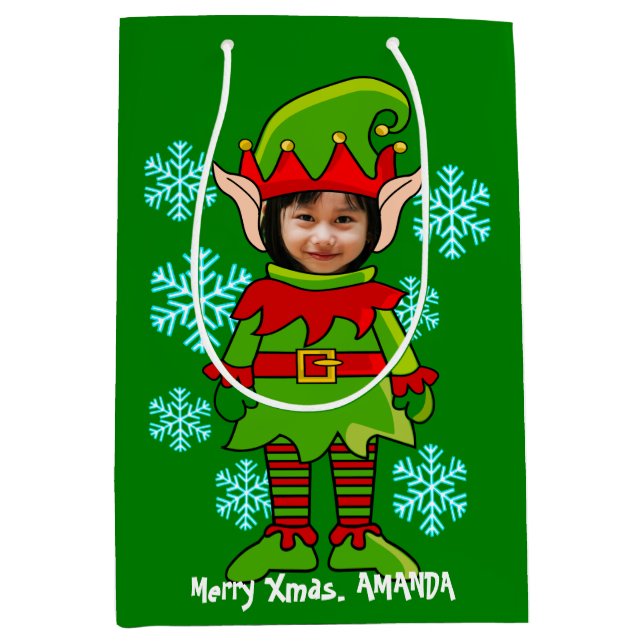 Funny personalised Xmas elf photo frame Medium Gift Bag (Front)
