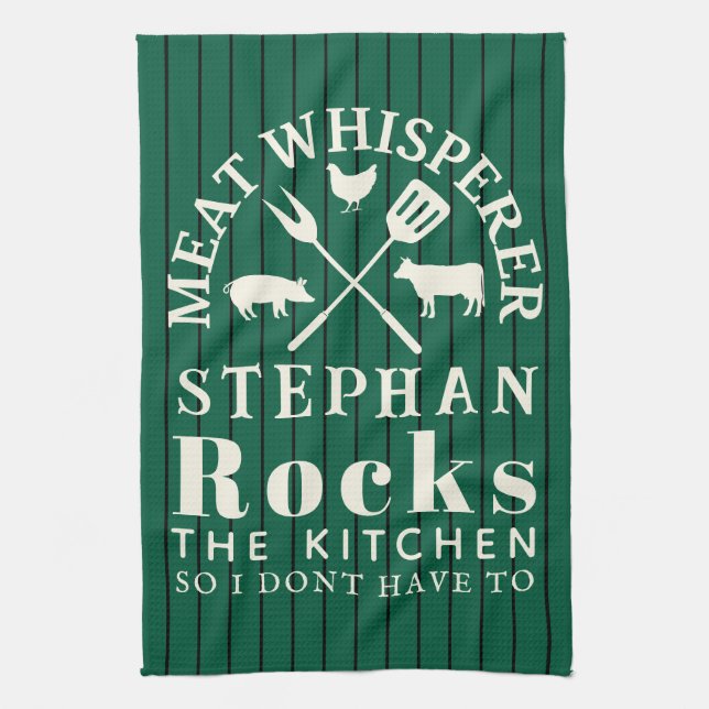 Funny personalized Kitchen Meat Whisperer Green Tea Towel (Vertical)