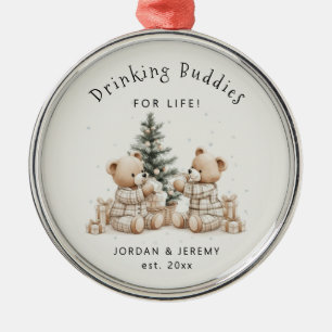 Funny Personalized Twin Drinking Buddies Christmas Metal Ornament