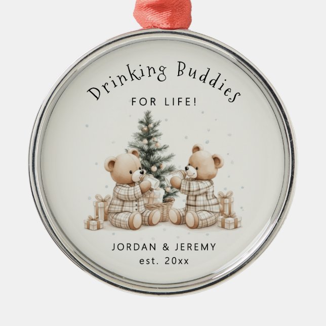 Funny Personalized Twin Drinking Buddies Christmas Metal Ornament (Front)