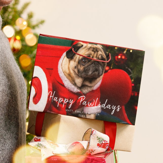 Funny Pet Christmas Photo Holiday Pawlidays Red Large Gift Bag (Creator Uploaded)