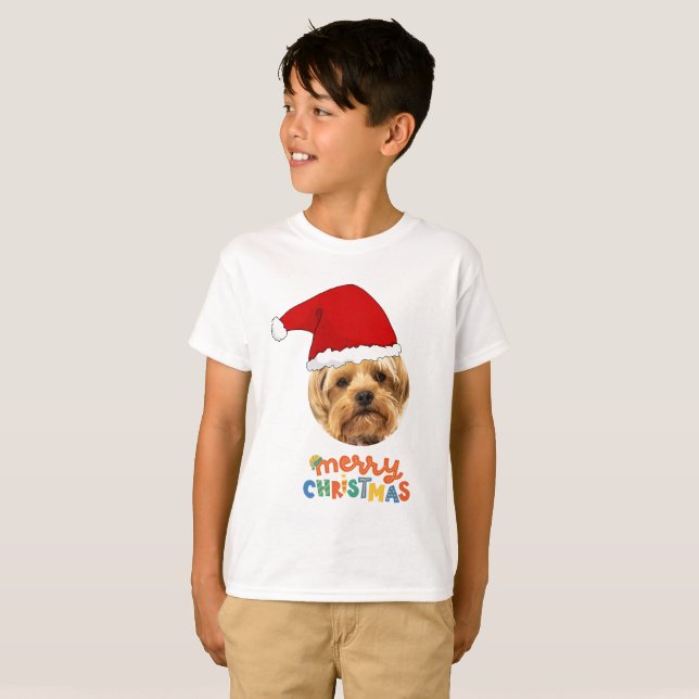 Funny Pet Christmas Santa Claus Hat Pet Photo T-Shirt (Front Full)