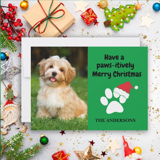 Funny Pet Dog Photo Paw Santa Hat Merry Christmas Holiday Card (Festive red and green Christmas greeting card with your dog's photo. Personalize with your own text.)