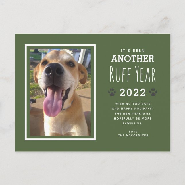 Funny Pet Dog Photo Ruff Year Green Christmas 2022 Holiday Postcard (Front)