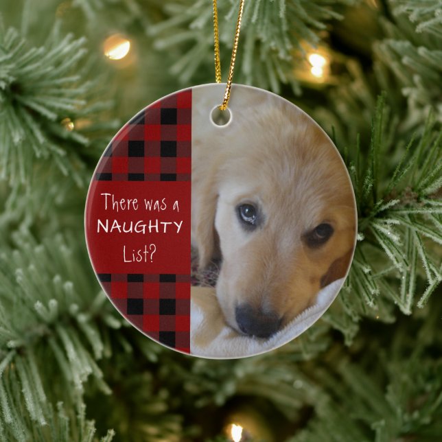 Funny Pet NAUGHTY OR NICE Red Black Buffalo Plaid Ceramic Ornament (Tree)