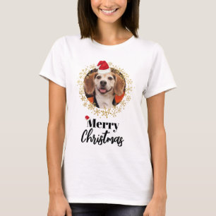 Funny Pet Photo Red Santa Hat Snowflakes Christmas T-Shirt