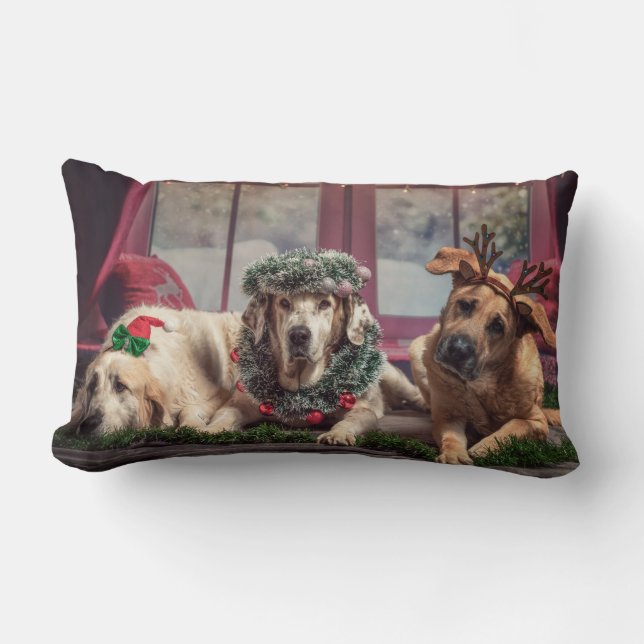 Funny Photo Dogs in Christmas Antlers and Headwear Lumbar Cushion (Front)