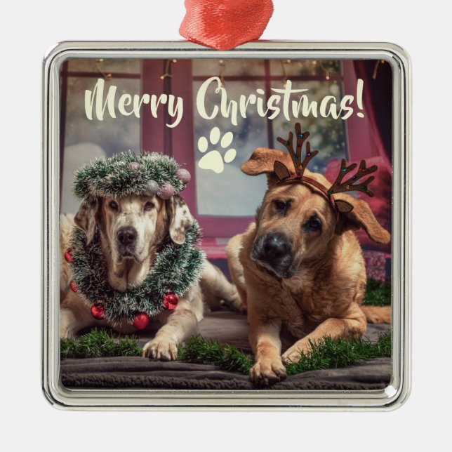Funny Photo Dogs in Christmas Antlers and Headwear Metal Ornament (Front)