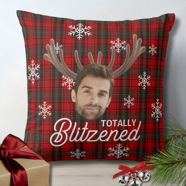 Funny Photo Face Blitzened Christmas Custom Gift Cushion (funny face totally blitzened christmas pillow with red plaid, snowflakes for white elephant gifts)