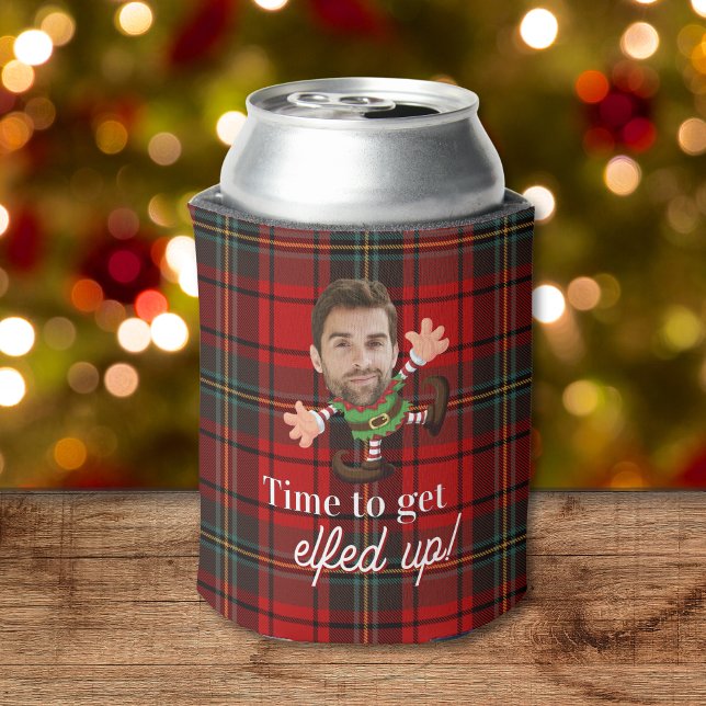 Funny Photo Face Elfed Up Christmas Custom Gift Can Cooler (red plaid funny photo face can cooler for christmas gift with time to get elfed up merry christmas)
