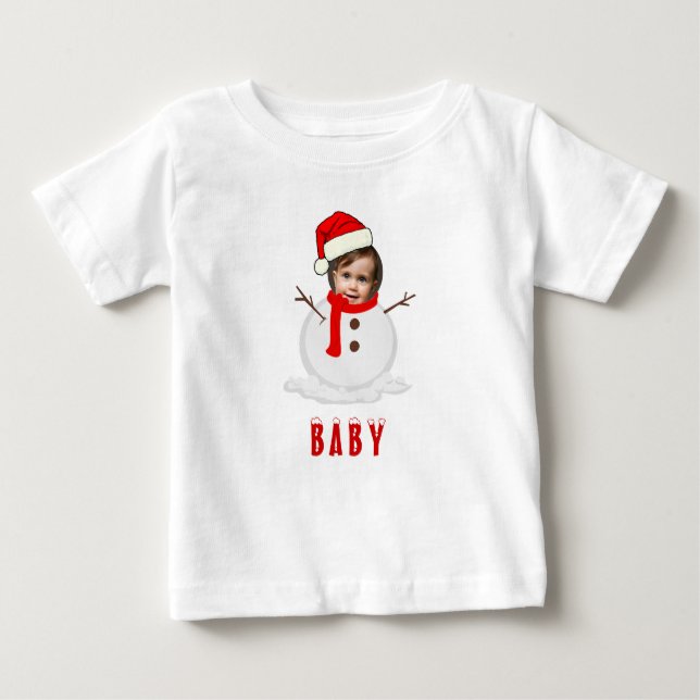 Funny Photo Face Snowman Christmas Baby T-Shirt (Front)