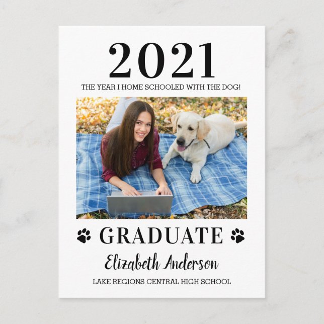 Funny Photo Home School Dog Class 2021 Graduation Invitation Postcard (Front)