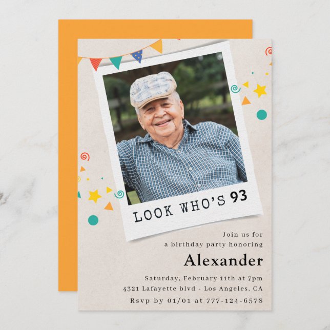 Funny Photo Men 93rd birthday invitations  (Front/Back)