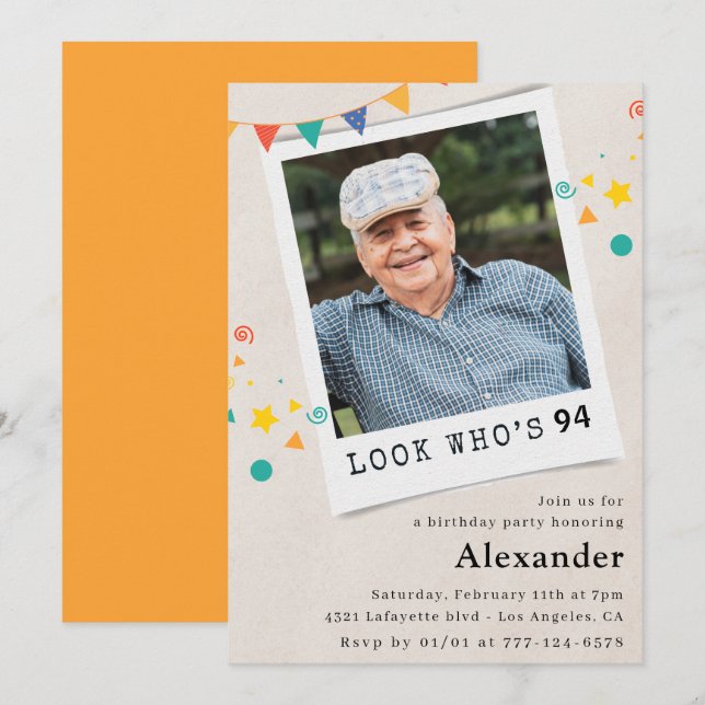 Funny Photo Men 94th birthday invitations  (Front/Back)