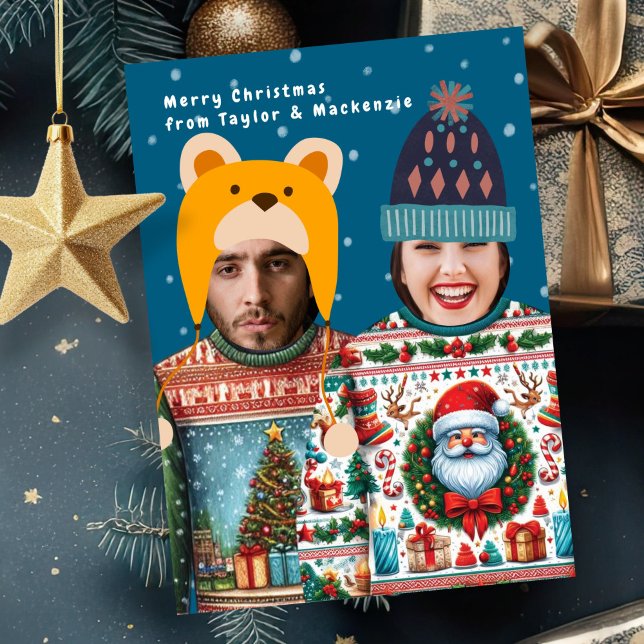 Funny Photo Personalised Christmas Jumper Acrylic Invitations (Funny Photo Personalized Christmas Jumper Acrylic cards By Ricaso. Add your own faces to this card)