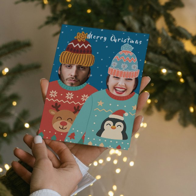 Funny Photo Personalised Christmas Jumper Holiday Card (Funny Photo Personalized Christmas Jumper Holiday Card by Ricaso. Add your own faces, couples cards)
