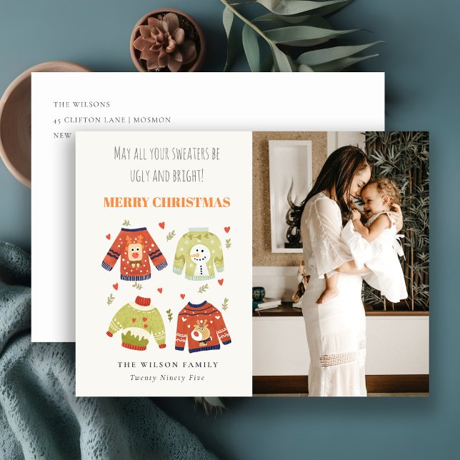 Funny Photo Winter Christmas Hearts Ugly Sweater Holiday Postcard (Creator Uploaded)