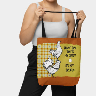 Funny Phrase Rooster Chicken Yellow Orange Plaid  Tote Bag