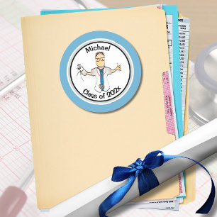 Funny Physician Doctor Cartoon Blue Graduation Classic Round Sticker
