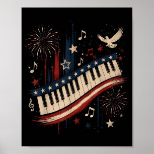 Funny Piano Player Patriotic Usa Flag Fireworks Poster