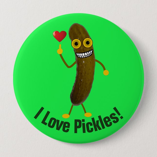 Funny Pickle Cartoon I love Pickles Button (Front)