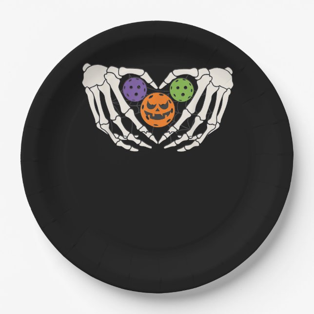 Funny Pickle Halloween Skeleton Hands Heart Pumpki Paper Plate (Front)