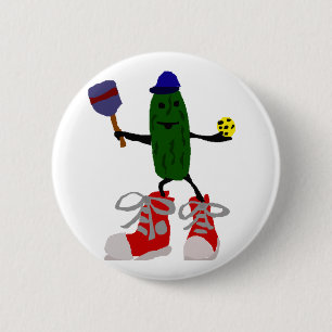 Funny Pickle Holding Pickleball and Paddle 6 Cm Round Badge