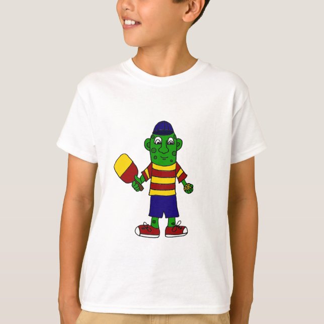 Funny Pickle Holding Pickleball Paddle and Ball T-Shirt (Front)