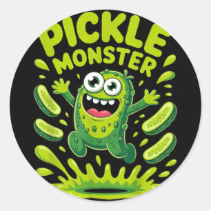 Funny pickle monster cartoon design classic round sticker