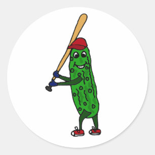 Funny Pickle Playing Baseball Cartoon Classic Round Sticker