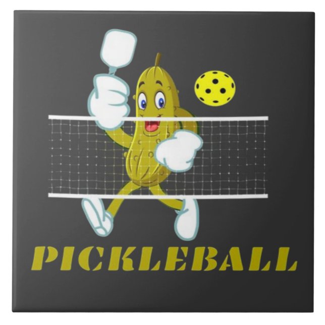 Funny Pickle Playing Pickleball  Ceramic Tile (Front)