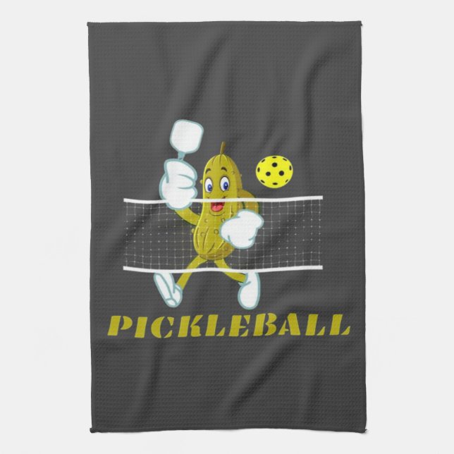 Funny Pickle Playing Pickleball  Tea Towel (Vertical)